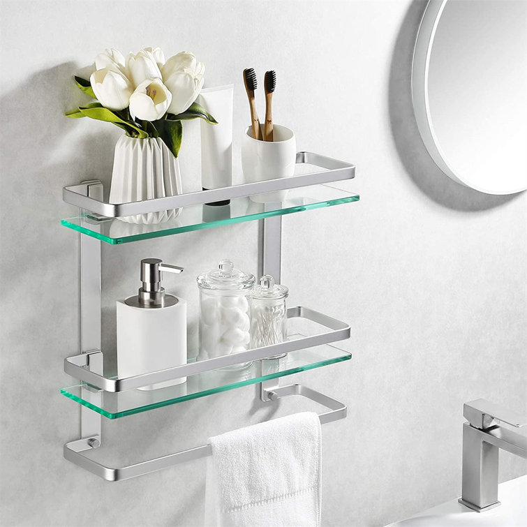 Glass bathroom shelf sale with towel bar